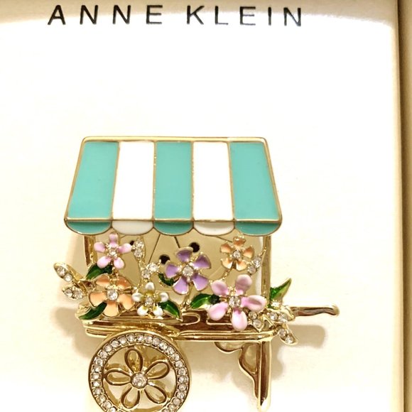 Anne Klein Pin Flower Cart Crystal & Enamel Gold Plate NIB Green White Pink M367 - Picture 2 of 6